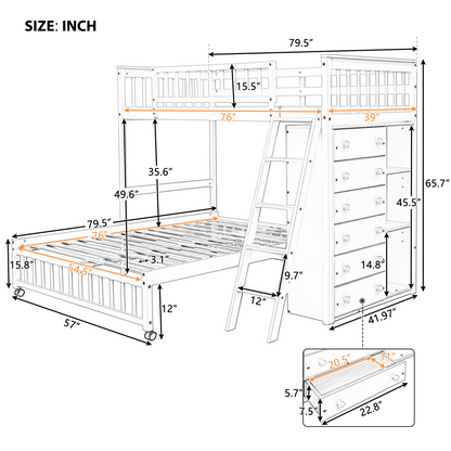 Wooden Twin Over Full Bunk Bed With Six Drawers And Flexible Shelves,Bottom Bed With Wheels,White(OLD SKU:LP000531AAK)