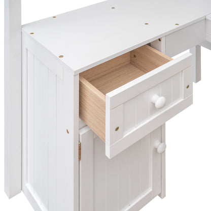 Twin size Loft Bed with Drawers, Cabinet, Shelves and Desk, Wooden Loft Bed with Desk - White(OLD SKU :LT000505AAK)