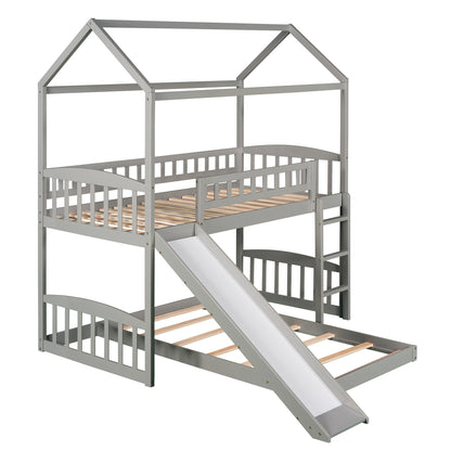 Twin Over Twin Bunk Bed with Slide, House Bed with Slide, Gray(OLD SKU: LP000214AAE)