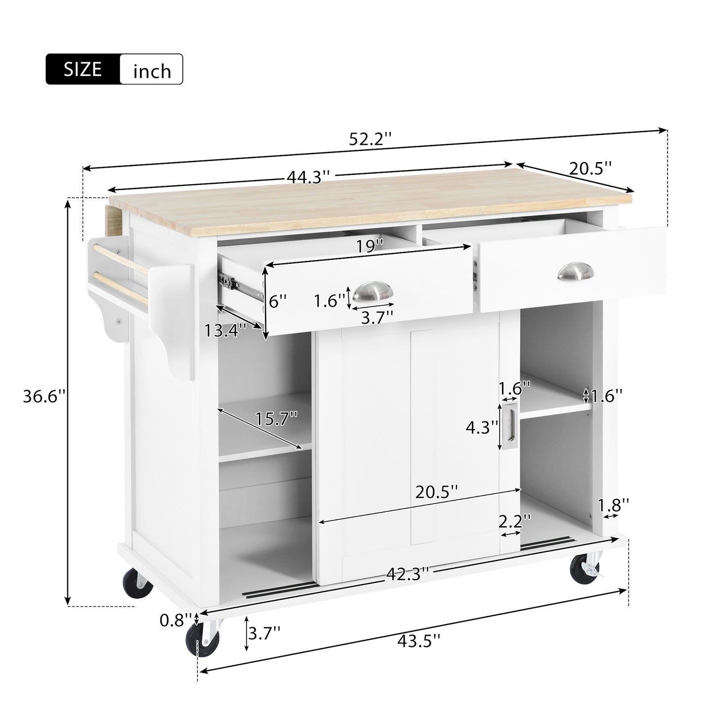 K&K Kitchen Cart with Rubber wood Drop-Leaf Countertop, Concealed sliding barn door adjustable height,Kitchen Island on 4 Wheels with Storage Cabinet and 2 Drawers,L52.2xW30.5xH36.6 inch, White