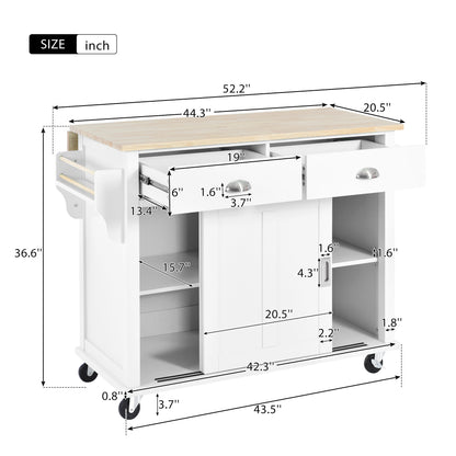 K&K Kitchen Cart with Rubber wood Drop-Leaf Countertop, Concealed sliding barn door adjustable height,Kitchen Island on 4 Wheels with Storage Cabinet and 2 Drawers,L52.2xW30.5xH36.6 inch, White