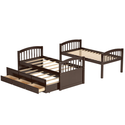 Twin over Twin Wood Bunk Bed with Trundle and Drawers, Espresso