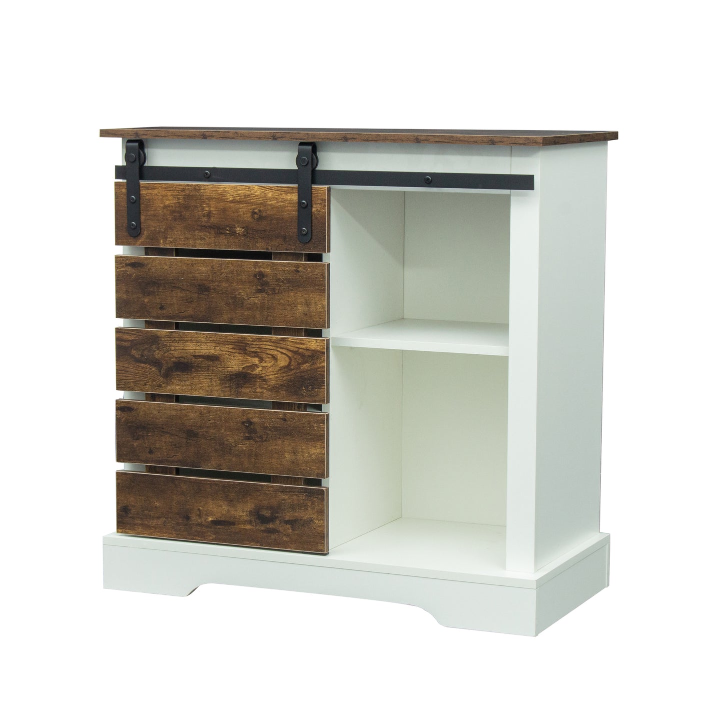 Side Cabinet Buffet Sideboard with Sliding Barn Door and Interior Shelves, White+Rustic dark oak