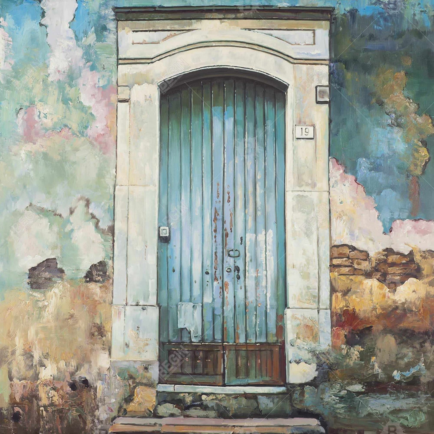Blue door of an old building - 12x12 Print on canvas