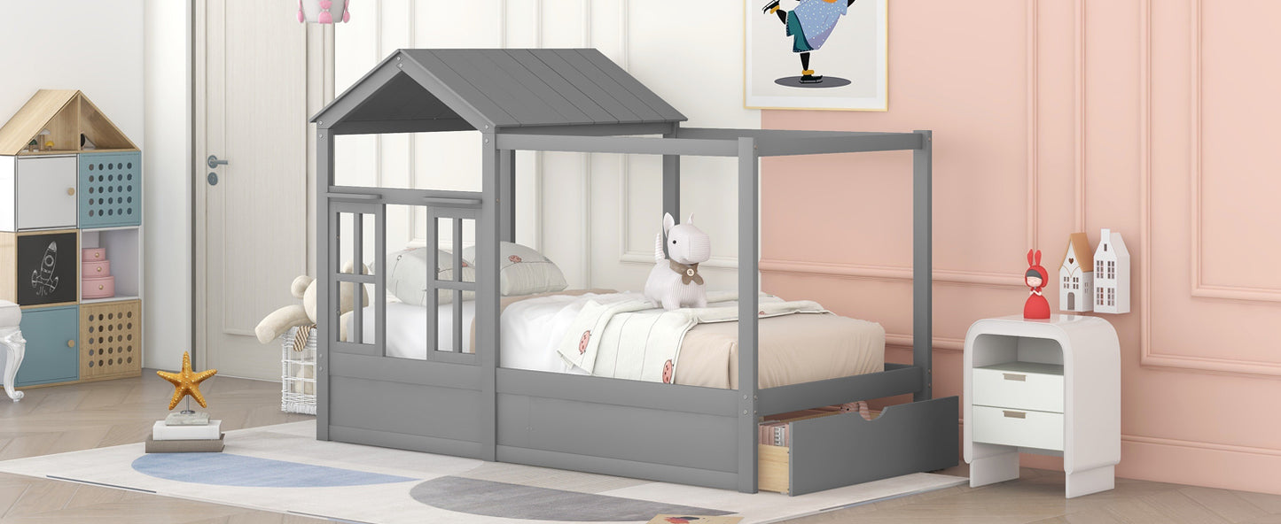 Twin Size House Bed with Roof, Window and Drawer - Gray