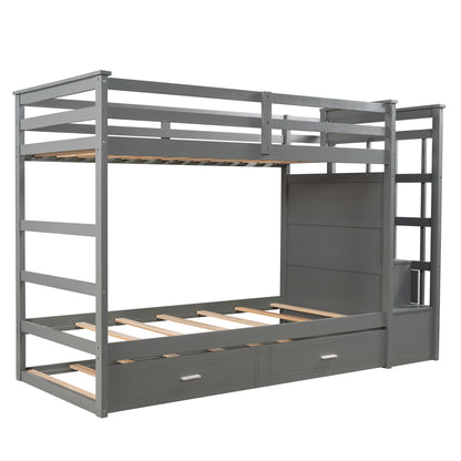 Solid Wood Bunk Bed, Hardwood Twin Over Twin Bunk Bed with Trundle and Staircase, Natural Gray Finish(Old SKU: LP000068AAE)