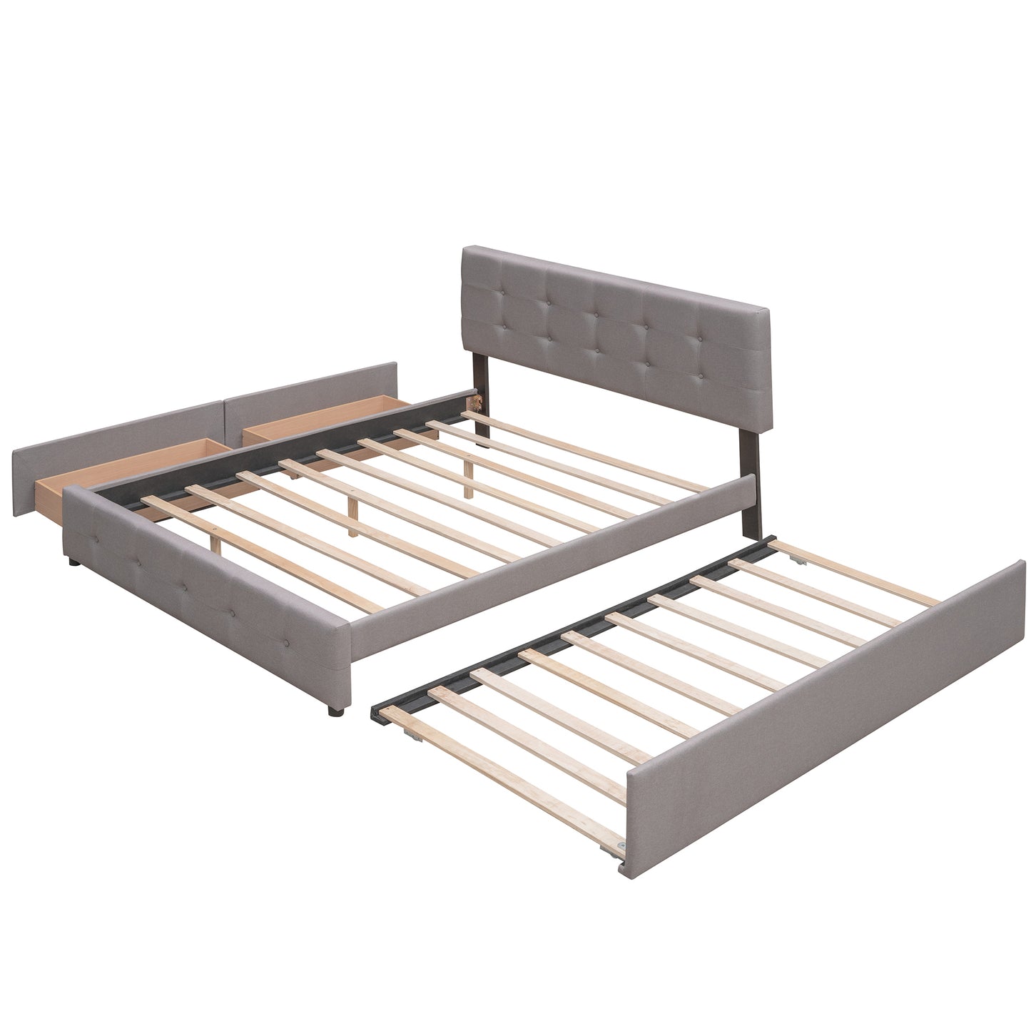 Upholstered Platform Bed with 2 Drawers and 1 Twin XL Trundle,  Linen Fabric, Queen Size - Light Gray(OLD SKU :LP000314AAN)