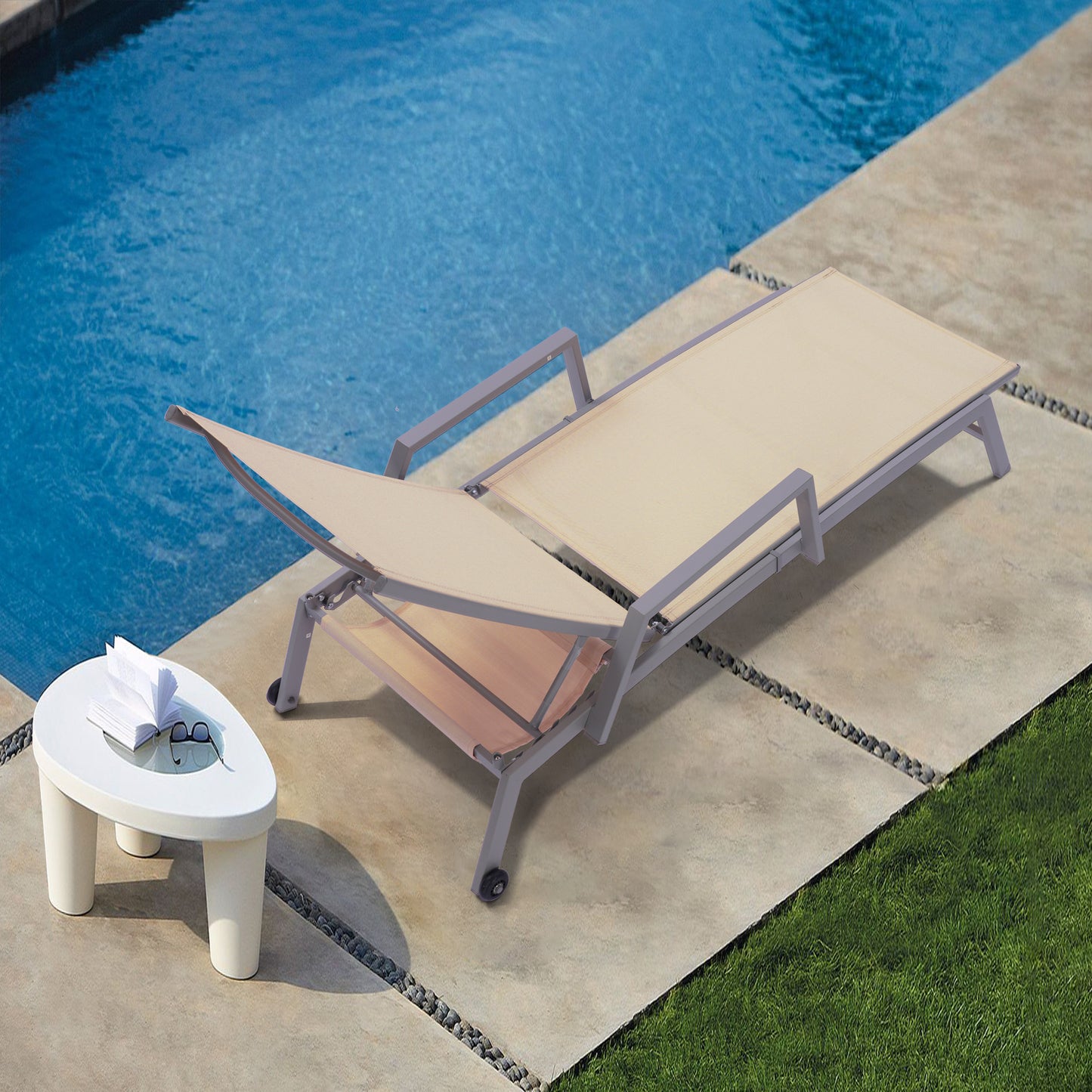 Patio Lounge Chair, Textilene Steel Pool Lounge Chair, Patio Chaise Lounge With Armrests And Wheels For Patio Backyard Porch Garden Poolside