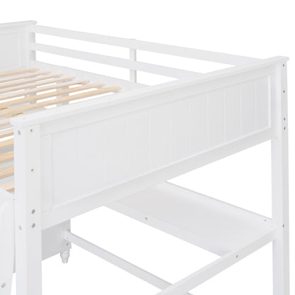 Full size Loft Bed with Drawers and Desk, Wooden Loft Bed with Shelves - White(OLD SKU:LT000529AAK)