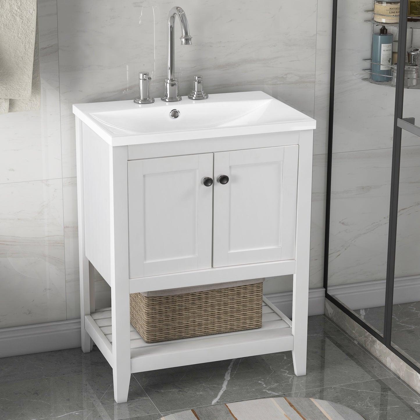 [VIDEO] 24" White Modern Sleek Bathroom Vanity Elegant Ceramic Sink with Solid Wood Frame Open Style Shelf (OLD SKU: JL000001AAK)