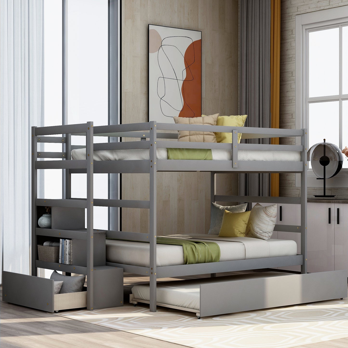 Full over Full Bunk Bed with Twin Size Trundle (Gray)(OLD SKU :LP000033AAE)