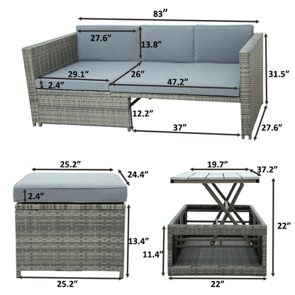 TOPMAX 4-piece Outdoor Backyard Patio Rattan Sofa Set, All-weather PE Wicker Sectional Furniture Set with Retractable Table, Gray