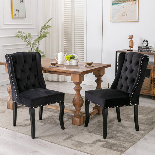 A&A Furniture,Wingback Dining Chair，Traditional Tufted Upholstered  America Luxury Chairs， Country Cottage Farm Beach Dining Kitchen Vintage Style Side Chair, Velvet Fabric Wood, Set of 2，Black