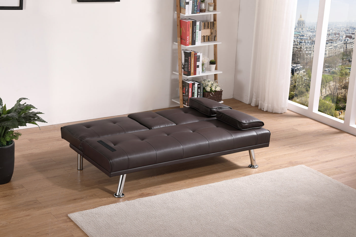 [New+Video] Brown Leather Multifunctional Double Folding Sofa Bed for Office with Coffee Table