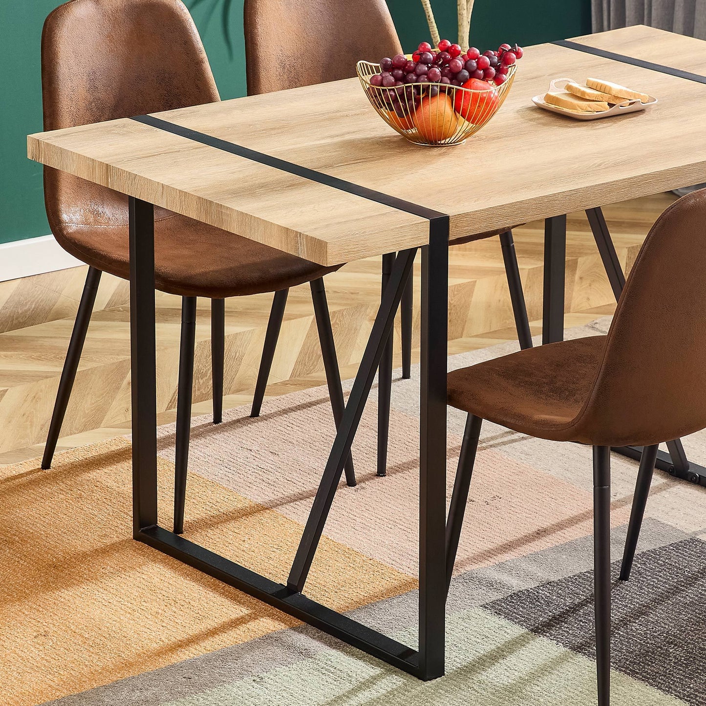 Rustic Industrial Rectangular Wood Dining Table For 4-6 Person,  With 1.5" Thick Engineered Wood Tabletop and Black Metal Legs, Writing Desk For Kitchen Dining Living Room, 55.1" W x 31.4" D x 29.9" H