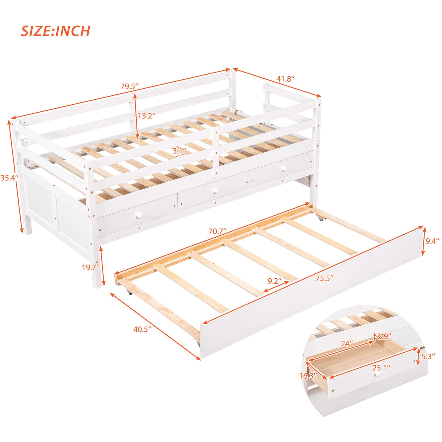 Low Loft Bed Twin Size with Full Safety Fence, Climbing ladder, Storage Drawers and Trundle White Solid Wood Bed