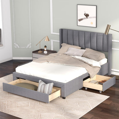 Full Size Upholstered Platform Bed with One Large Drawer in the Footboard and Drawer on Each Side,Gray