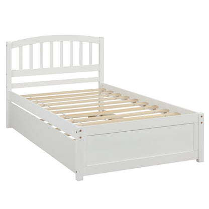 Twin size Platform Bed Wood Bed Frame with Trundle, White