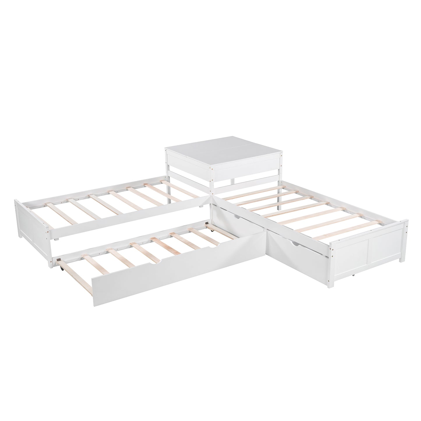 L-shaped Platform Bed with Trundle and Drawers Linked with built-in Desk,Twin,White