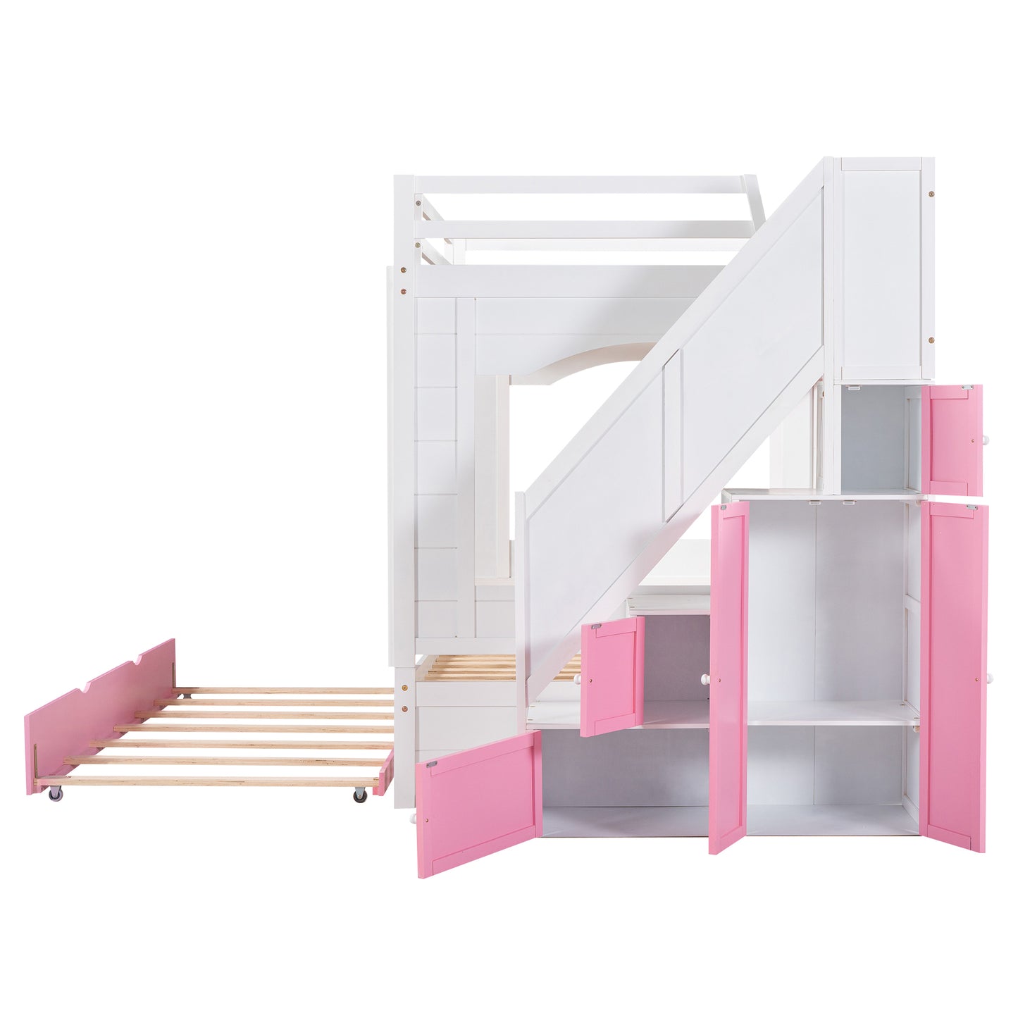 Full Over Full Bunk Bed with Trundle ,Stairs,Ladders Solid Wood Bunk bed with Storage Cabinet （White + Pink）