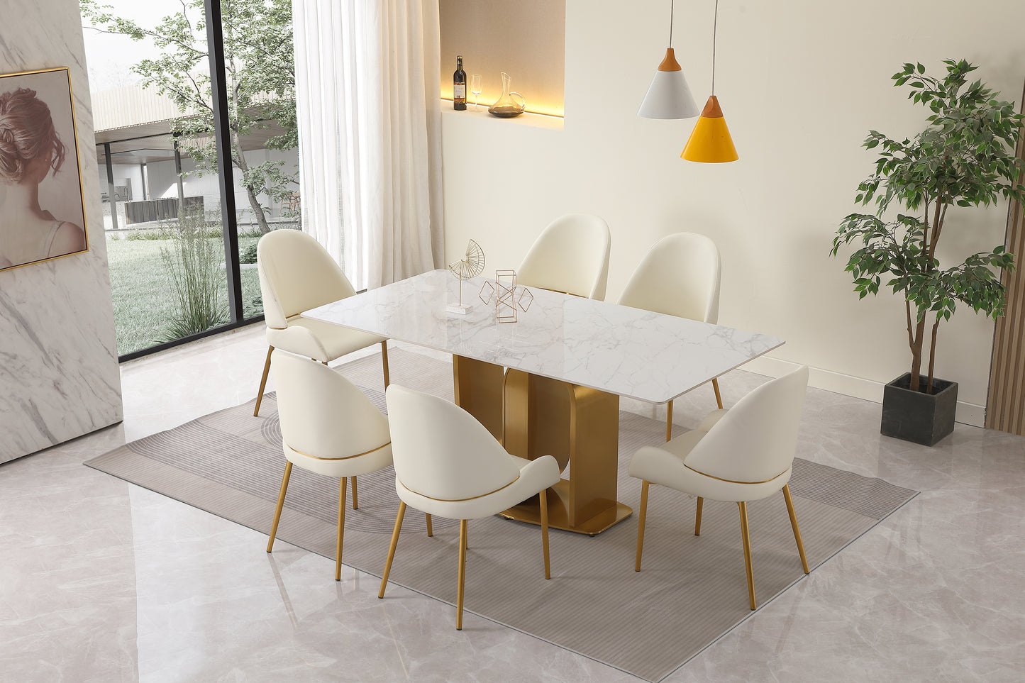 71" Contemporary Dining Table in Gold with Sintered Stone Top and  U shape Pedestal Base in Gold finish