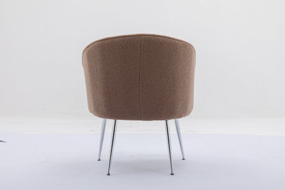 Soft Teddy Fabric Accent Armchair Dining Chair With Shining Electroplated Chrome Legs,Coffee Brown