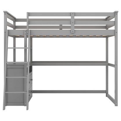 Twin Size Loft Bed with Desk and Shelves,Two Built-in Drawers,Gray(OLD SKU:GX000803AAE)