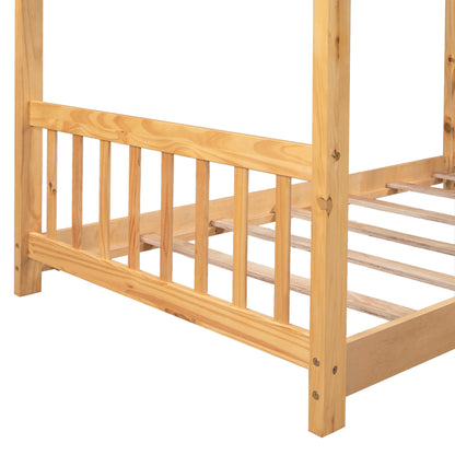 Twin Size House Platform Bed with Headboard and Footboard,Roof Design，Natural