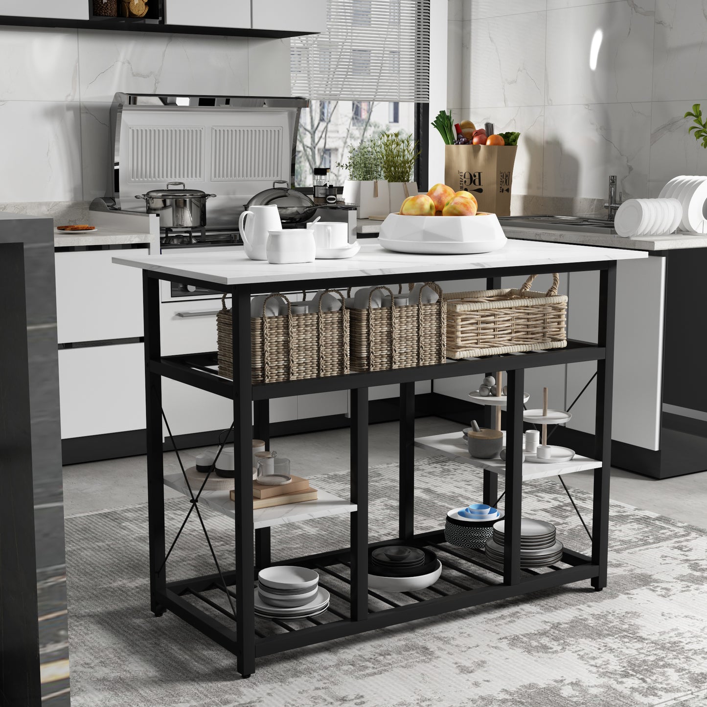 TOPMAX Multifunctional Counter Height Kitchen Dining Room Prep Table Kitchen Island,  Kitchen Rack with Large Worktop, Console Side Table for Living Room, Faux Marble Tabletop