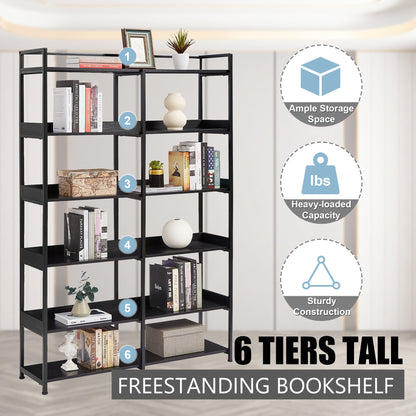 70.8 Inch Tall Bookshelf MDF Boards Stainless Steel Frame, 6-tier Shelves with Back&Side Panel, Adjustable Foot Pads, Black