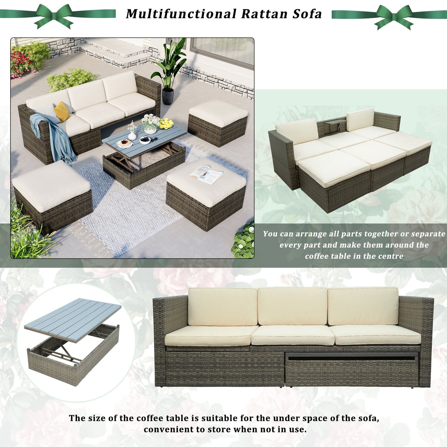 U_STYLE Patio Furniture Sets, 5-Piece Patio Wicker Sofa with Adustable Backrest, Cushions, Ottomans and Lift Top Coffee Table