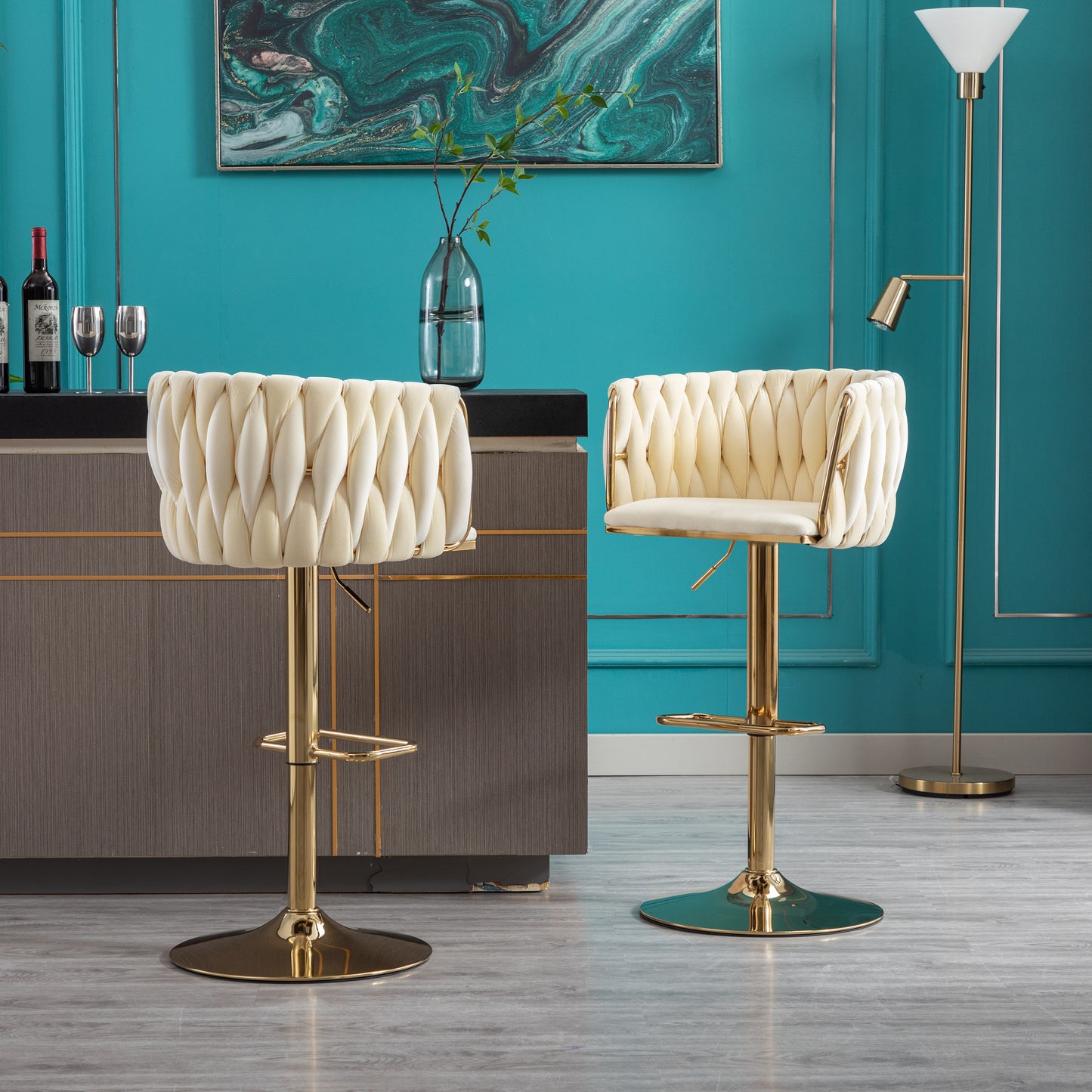 Set of 2 Bar Stools,with Chrome Footrest and Base Swivel Height Adjustable Mechanical Lifting Velvet + Golden Leg Simple Bar Stoo,Ivory