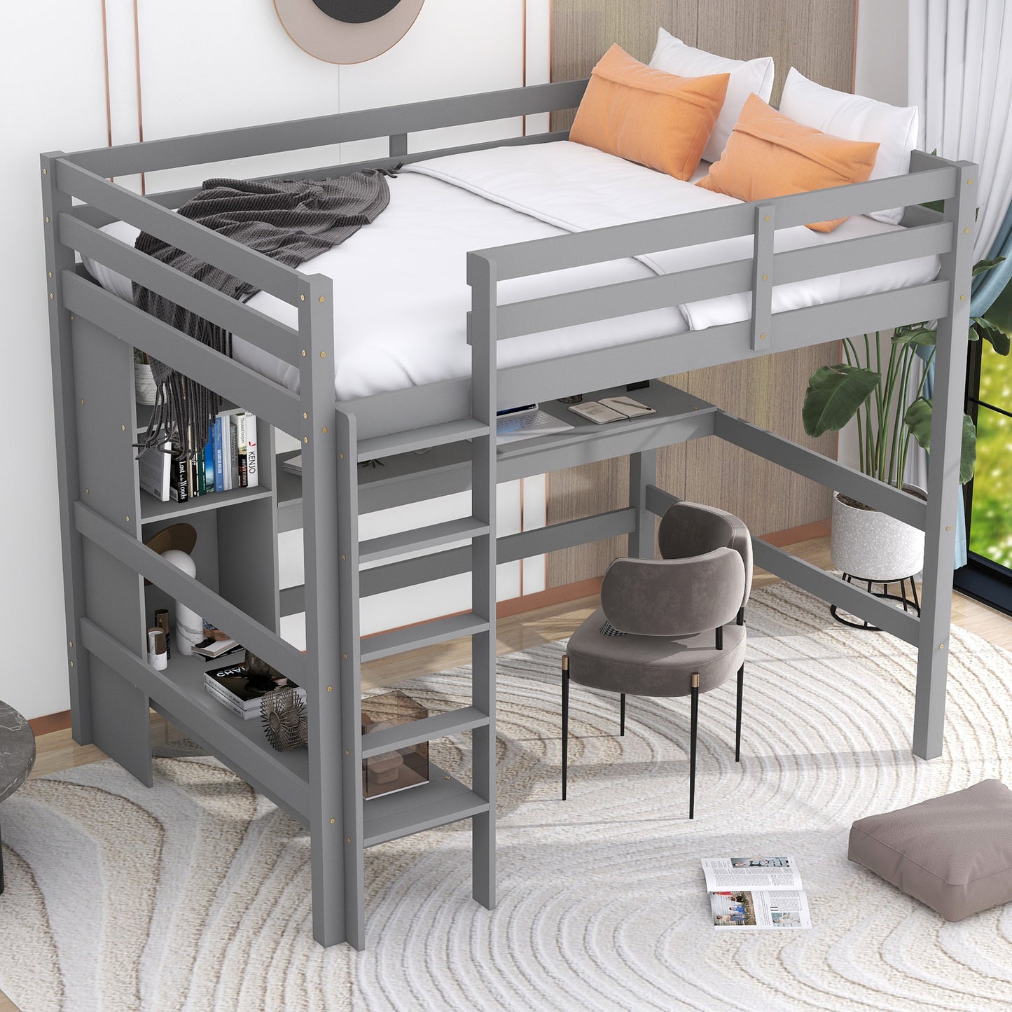 Full Size Loft Bed with Multifunction Shelves and Under-bed Desk, Gray