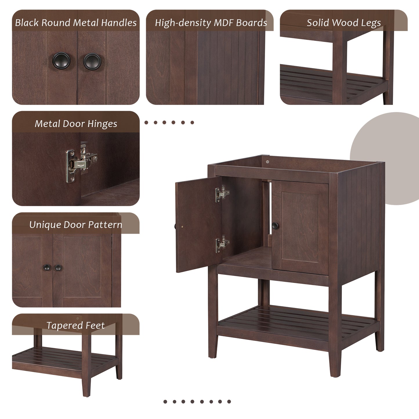 24" Bathroom Vanity Base Only, Soild Wood Frame, Bathroom Storage Cabinet with Doors and Open Shelf, Brown