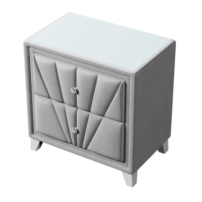 Contemporary Velvet Upholstered Glass Top Nightstand End table with Two Drawers Gray Solid Wood,Gray