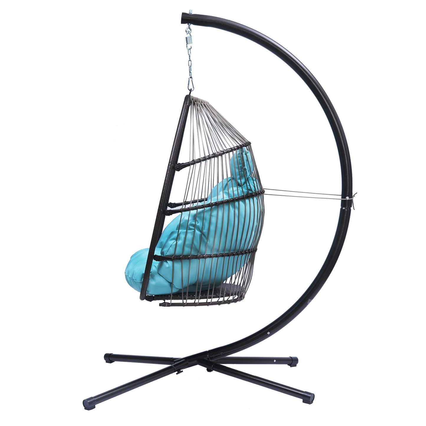 Patio Wicker folding Hanging Chair,Rattan Swing Hammock Egg Chair with C Type bracket , with cushion and pillow,for Indoor,Outdoor，Blue