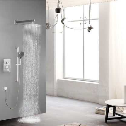 Shower System 12 Inch Square Bathroom Luxury Rain Mixer Shower Combo Set Pressure Balanced Shower System with Shower Head, Hand Shower, Slide Bar, Shower Arm, Hose, and Valve Trim