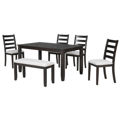 TREXM Rustic Style 6-Piece Dining Room Table Set with 4 Upholstered Chairs & a Bench (Espresso)