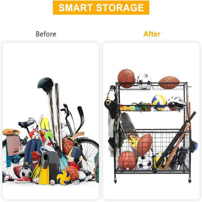 Sports Equipment Organizer, Sports Gear Basketball Storage with Baskets and Hooks,Ball Storage Rack, Garage Ball Storage, Sports Gear Storage,Rolling Sports Ball Storage Cart, Black