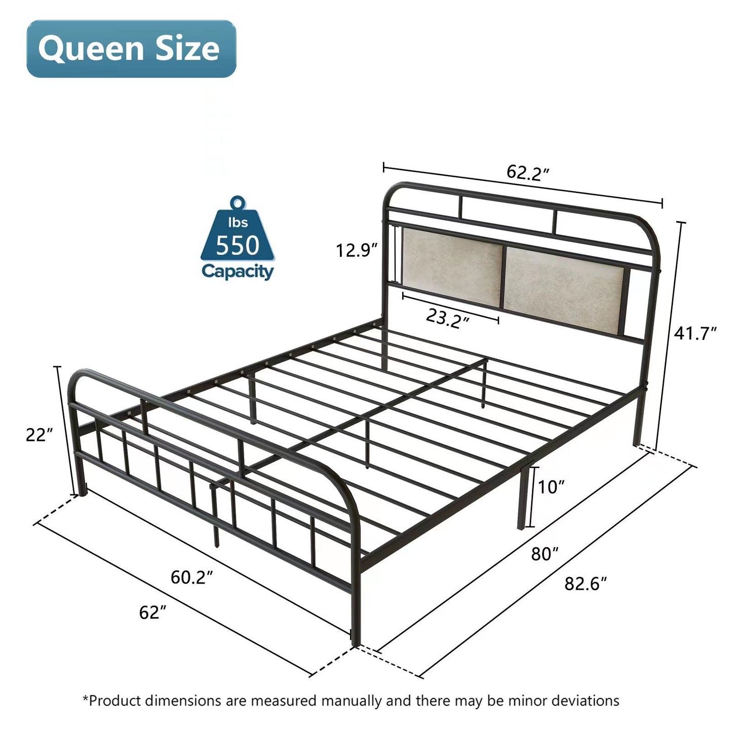 Modern Metal Bed Frame, Mattress Foundation with Upholstered Headboard and Footboard, with Strong Metal Slats Support and 11 Inches Underbed Space,  No Box Spring Needed