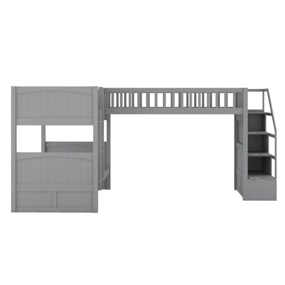 Twin over Twin Wooden L-Shaped Bunk Bed with Ladder and Stairway,Grey(OLD SKU:SM000303AAE-1)