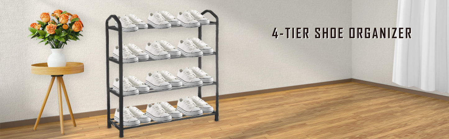 YSSOA 4-Tier Stackable Shoe Rack, 12-Pairs Sturdy Shoe Shelf Storage , Black Shoe Tower for Bedroom, Entryway, Hallway, and Closet