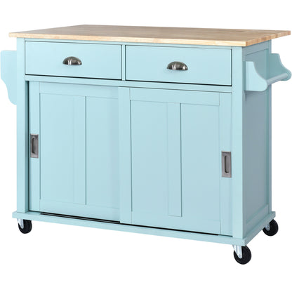 K&K Kitchen Cart with Rubber wood Drop-Leaf Countertop, Concealed sliding barn door adjustable height,Kitchen Island on 4 Wheels with Storage Cabinet and 2 Drawers,L52.2xW30.5xH36.6 inch, Mint Green