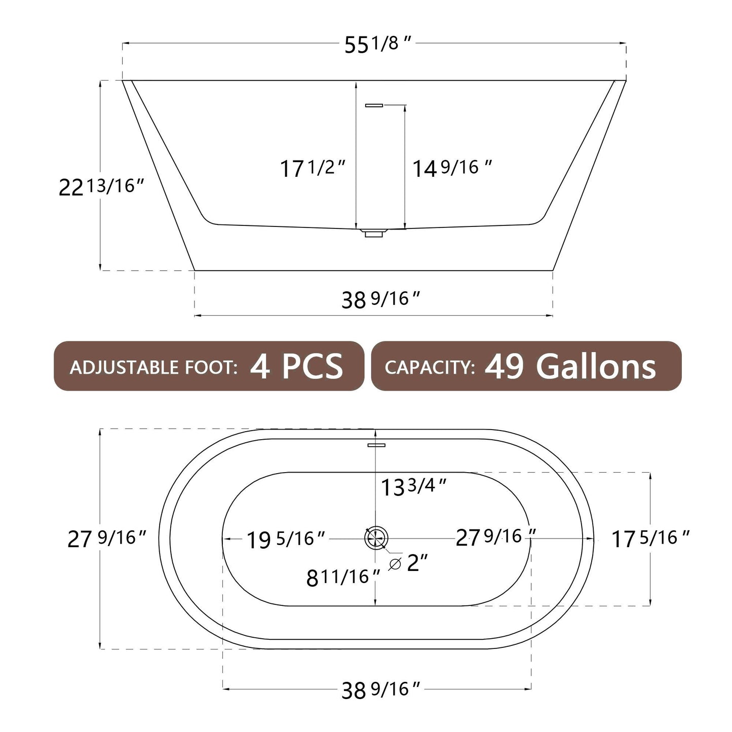 55" Acrylic Free Standing Tub - Classic Oval Shape Soaking Tub, Adjustable Freestanding Bathtub with Integrated Slotted Overflow and Chrome Pop-up Drain Anti-clogging Gloss Black