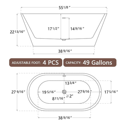 55" Acrylic Free Standing Tub - Classic Oval Shape Soaking Tub, Adjustable Freestanding Bathtub with Integrated Slotted Overflow and Chrome Pop-up Drain Anti-clogging Gloss Black