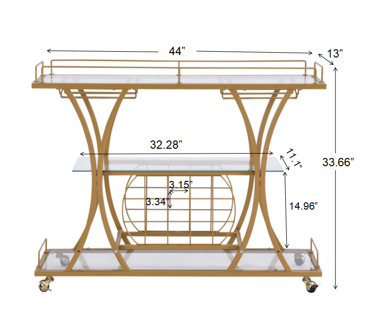 Golden Bar Cart with Wine Rack Tempered Glass Metal Frame Wine Storage