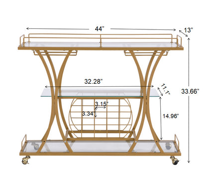 Golden Bar Cart with Wine Rack Tempered Glass Metal Frame Wine Storage