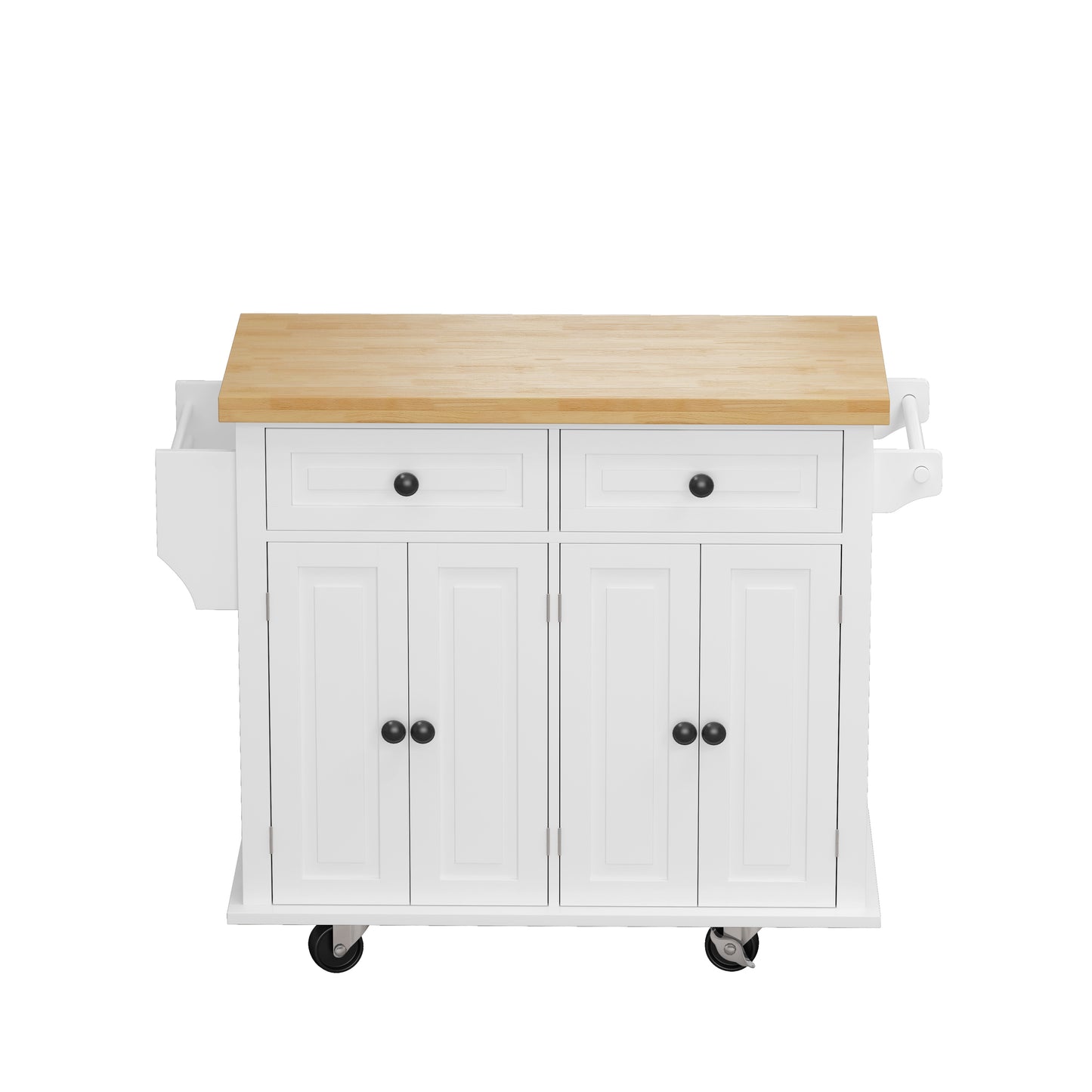 Kitchen Island Cart with Two Storage Cabinets and Two Locking Wheels，43.31 Inch Width，4 Door Cabinet and Two Drawers，Spice Rack, Towel Rack （White）