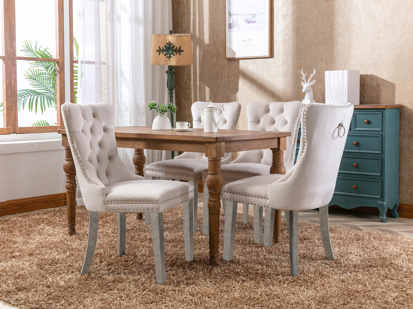 Nikki Collection Modern, High-end Tufted Solid Wood Contemporary Velvet Upholstered Dining Chair with Chrome Stainless Steel Plating Legs,Nailhead Trim,Set of 2，Beige and Chrome, SW1701BG