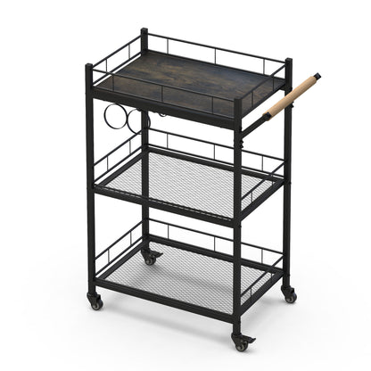 3 Tier Metal Mesh Rolling Storage Cart, Mesh Storage Pantry Cart with Lockable Wheels Wood Look Top and Metal Frame，Rolling Utility Cart for Kitchen Bathroom, Office, Library, Coffee Bar